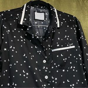 ⭐️ Abercrombie & Fitch Black Satin Silky button-up sleep shirt top moon star PJs